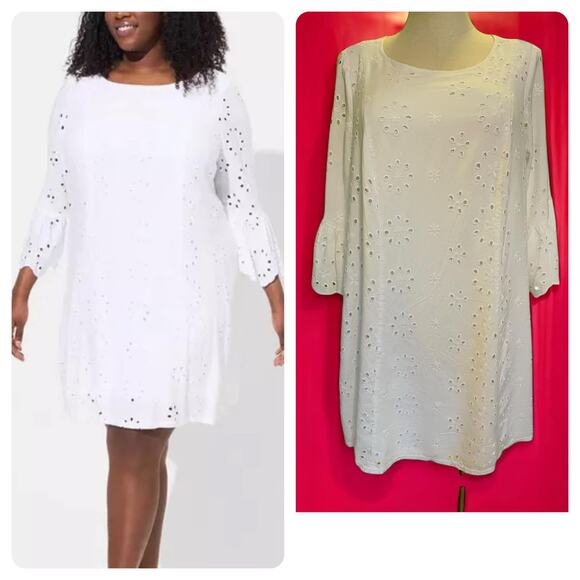 Torrid Plus Size 2 White Mini Woven Challis Embroidered Eyelet Bell Sleeve Dress - Picture 1 of 4